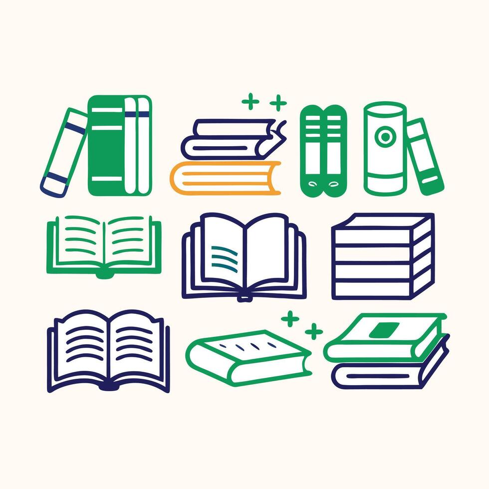 a set of books and other items in a line style design vector