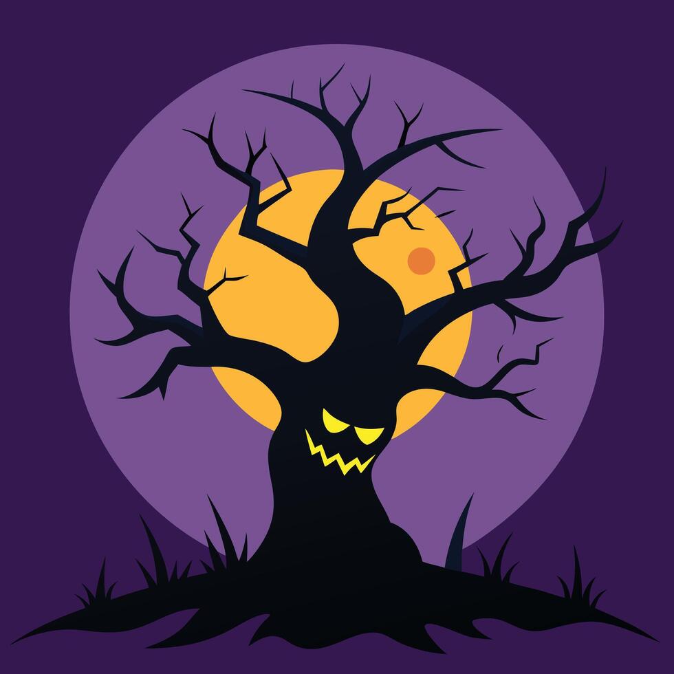 halloween tree with scary face and moon background vector