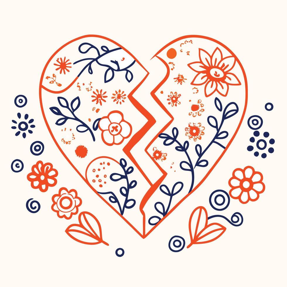 broken heart with flowers and leaves illustration design vector
