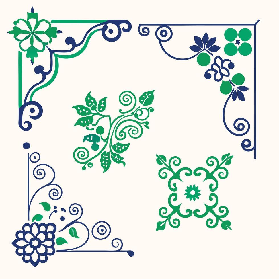 four decorative floral designs in green and blue vector