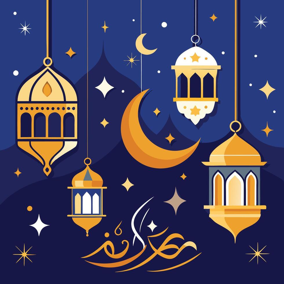 ramadan kareem greeting card with lanterns and crescent illustration design vector