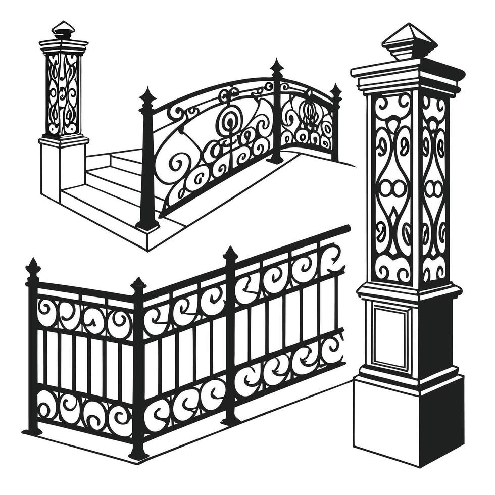 wrought iron fence and gate set vector