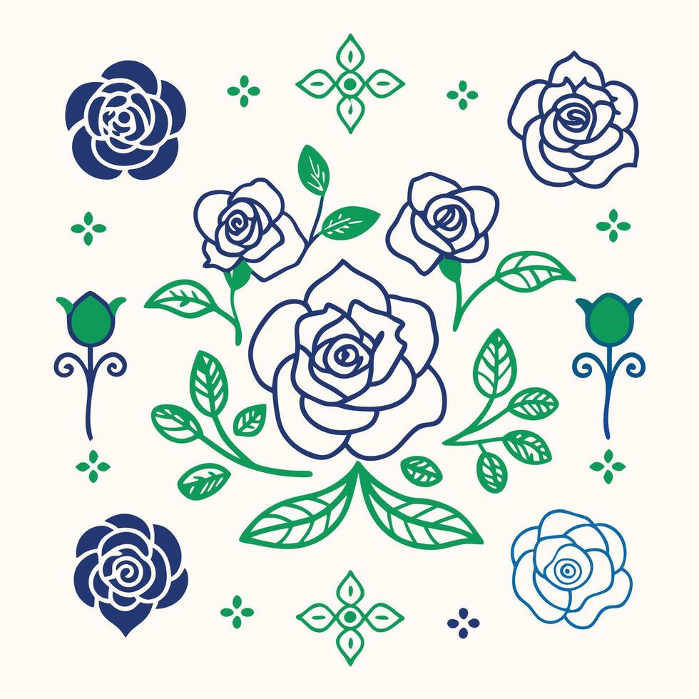 a set of roses and leaves in blue and green vector