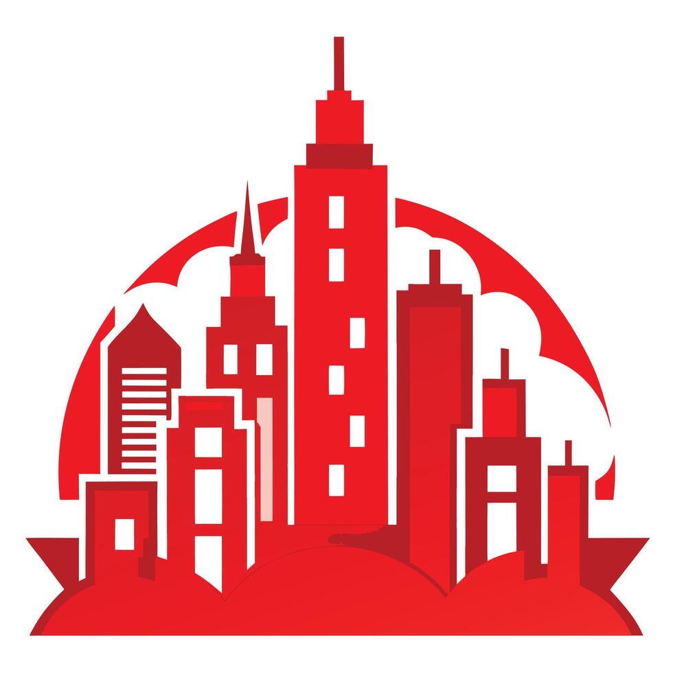 a red city skyline with buildings and clouds vector