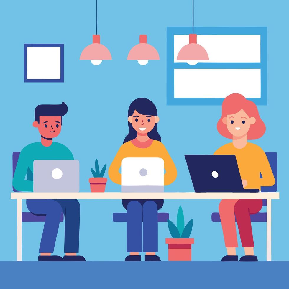three people working on laptops in an office vector