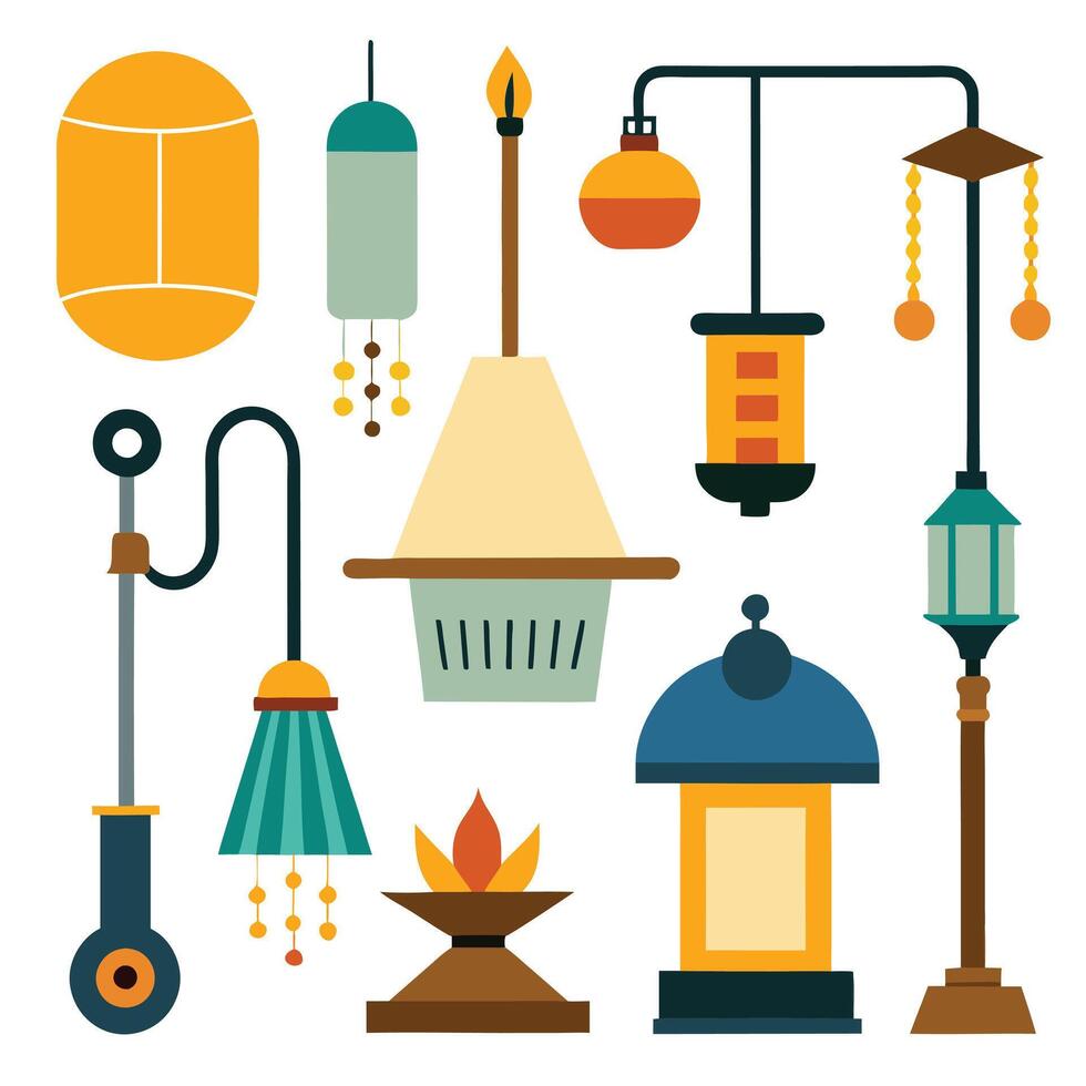 various lamps and lanterns on a white background vector