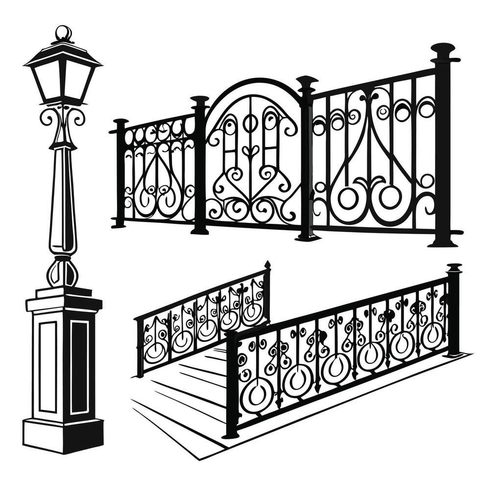 wrought iron fence and lamp post vector