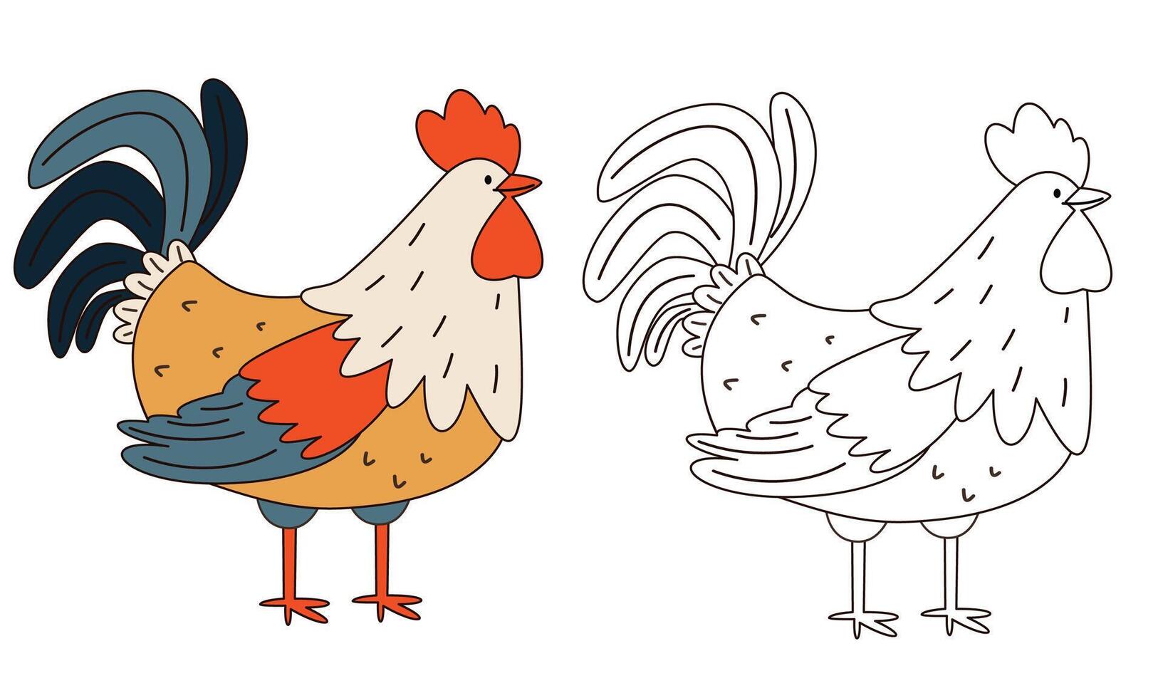 Flat illustration for children's coloring book. Cute rooster in black and white and color version. Farm pets vector