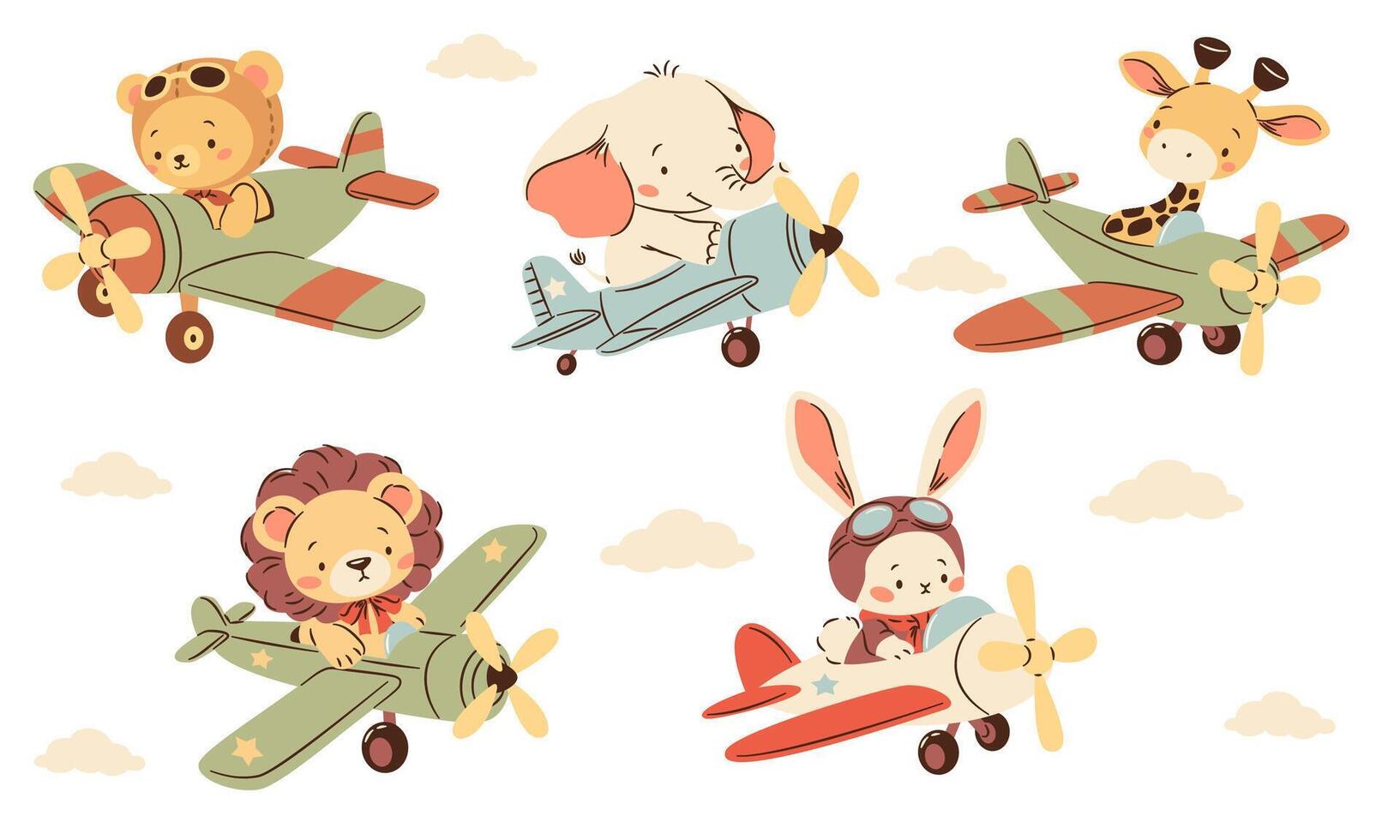 A set of flat illustrations in a simple children's style. Cute animals flying on airplanes. Bear elephant lion cub giraffe and hare pilots vector