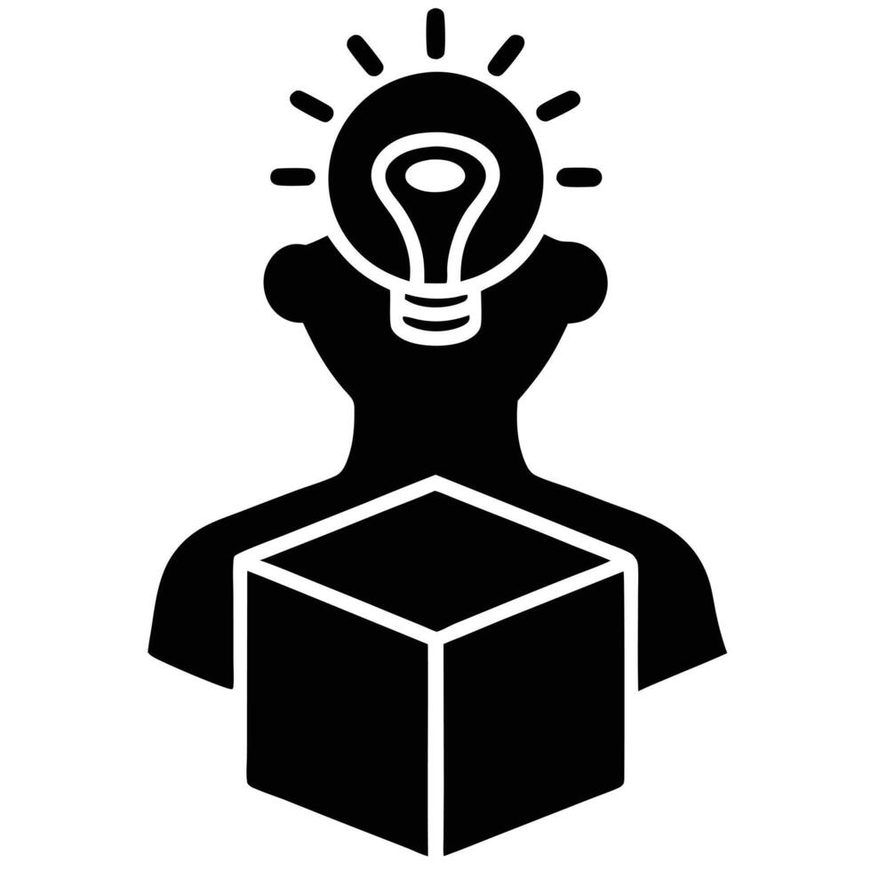 simplified human figure, lightbulb head, Black and white icon vector