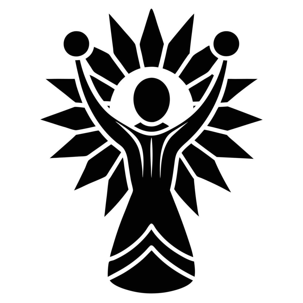 human figure silhouette, radiating sun-like design, symmetrical composition vector