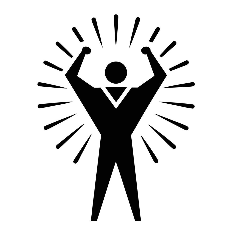 silhouette of person with arms raised, victory pose, celebration, Black and white icon vector