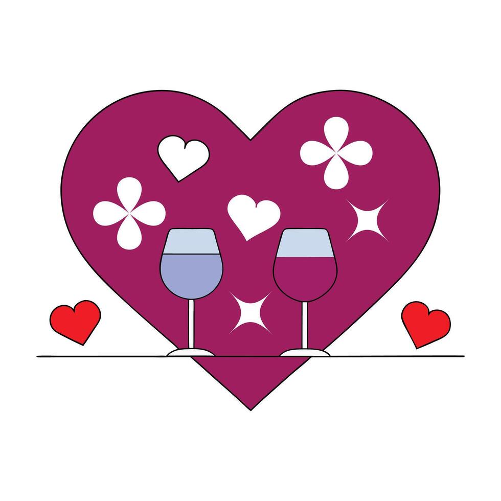 Two wine glasses with hearts and flowers on a purple background vector