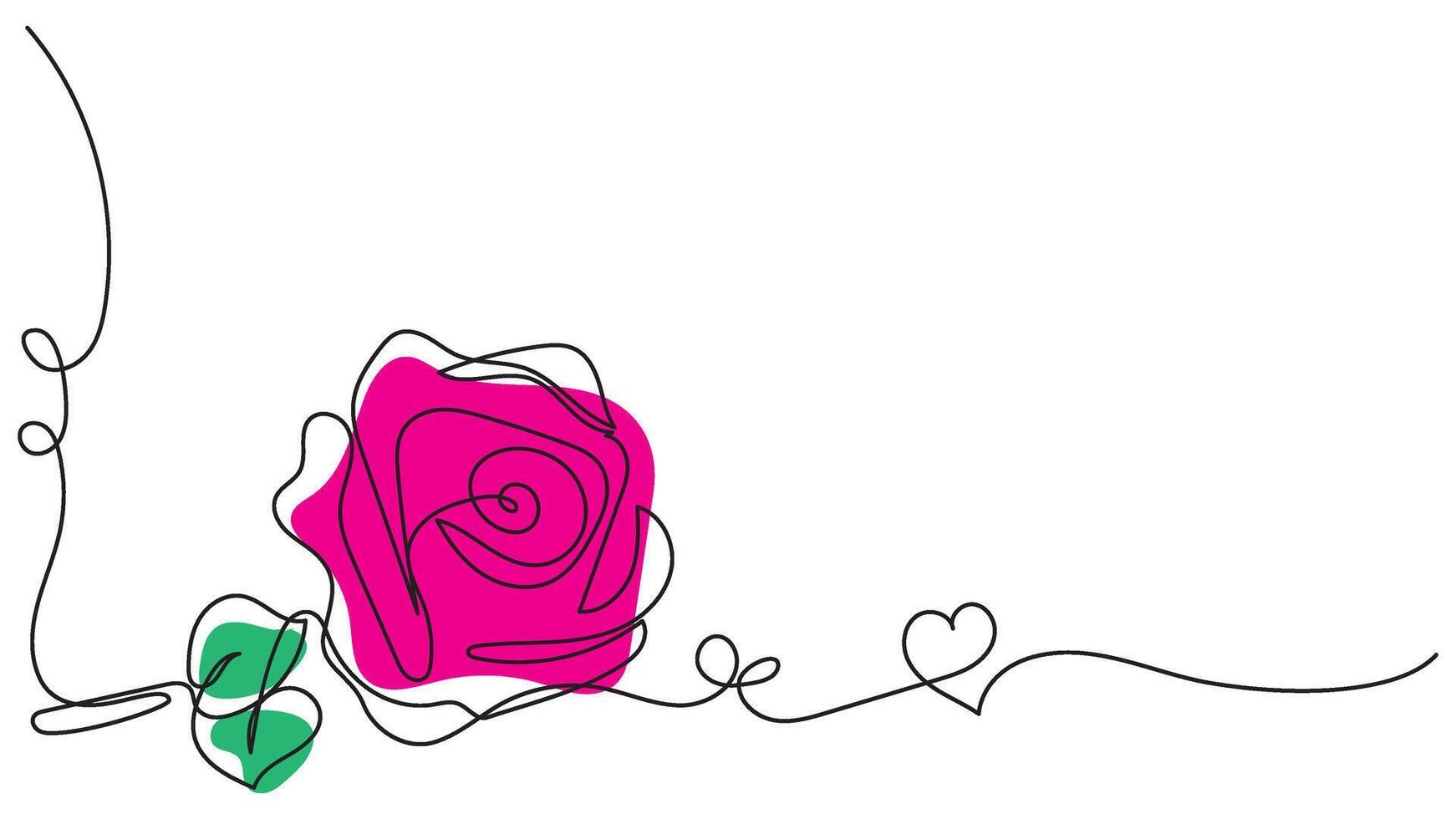 Continuous Line Art with Pink Rose, Heart, and Green Leaf for Decoration vector