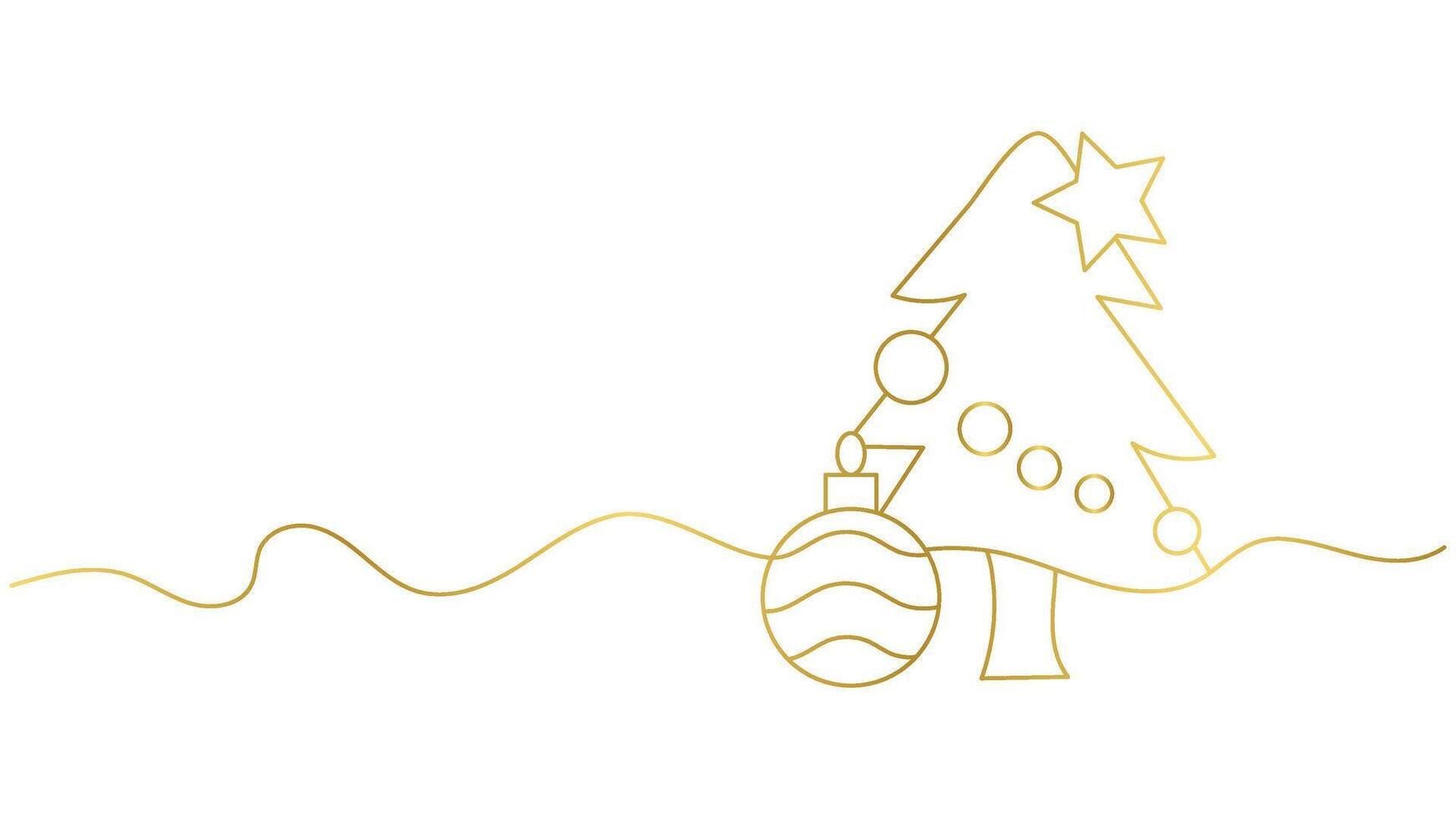 Elegant golden christmas tree outline with ornament on a snowy landscape, minimalist design. Perfect for festive and seasonal design projects. vector