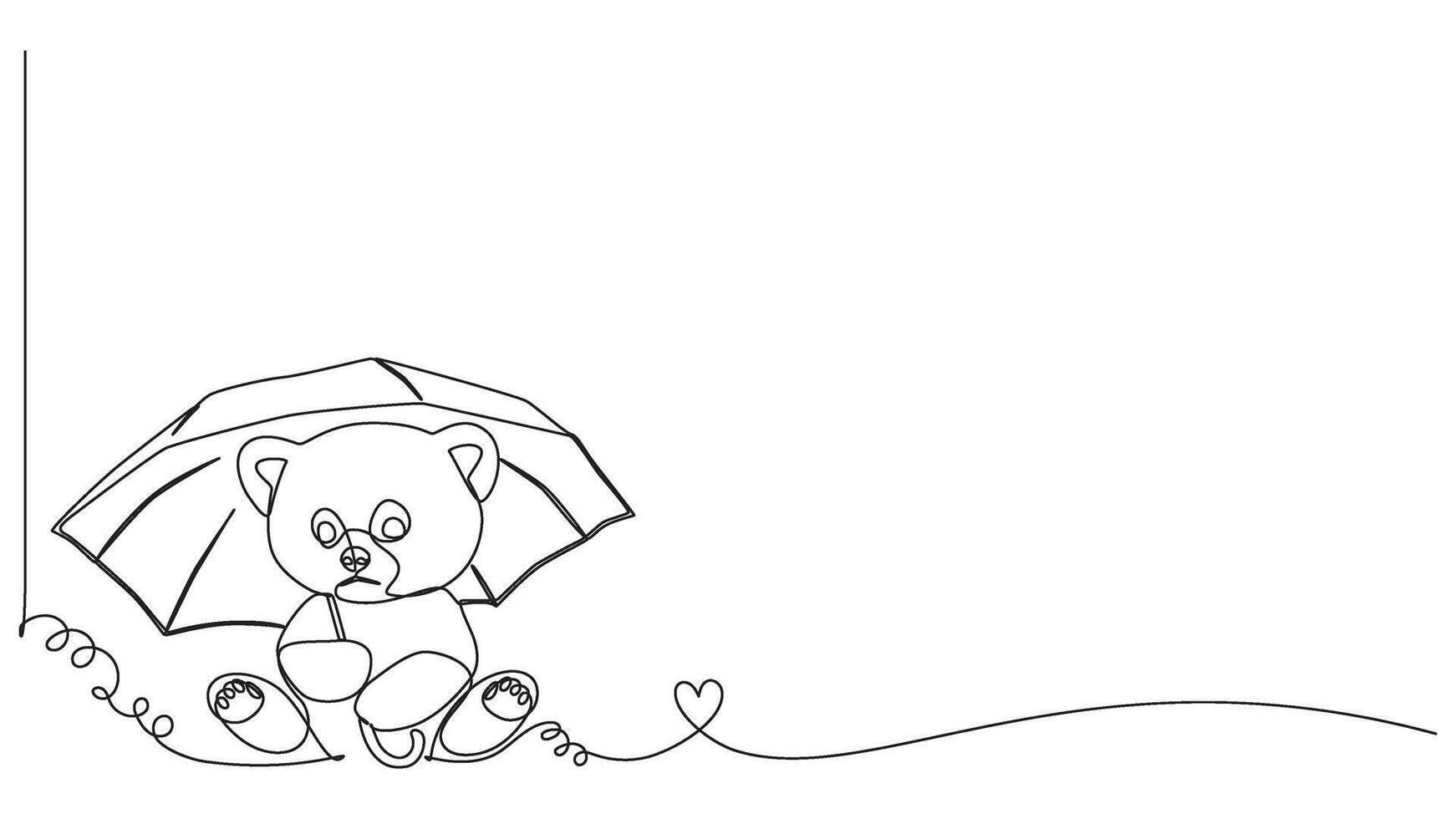 Continous line drawing of sad teddy bear sitting under umbrella with heart vector