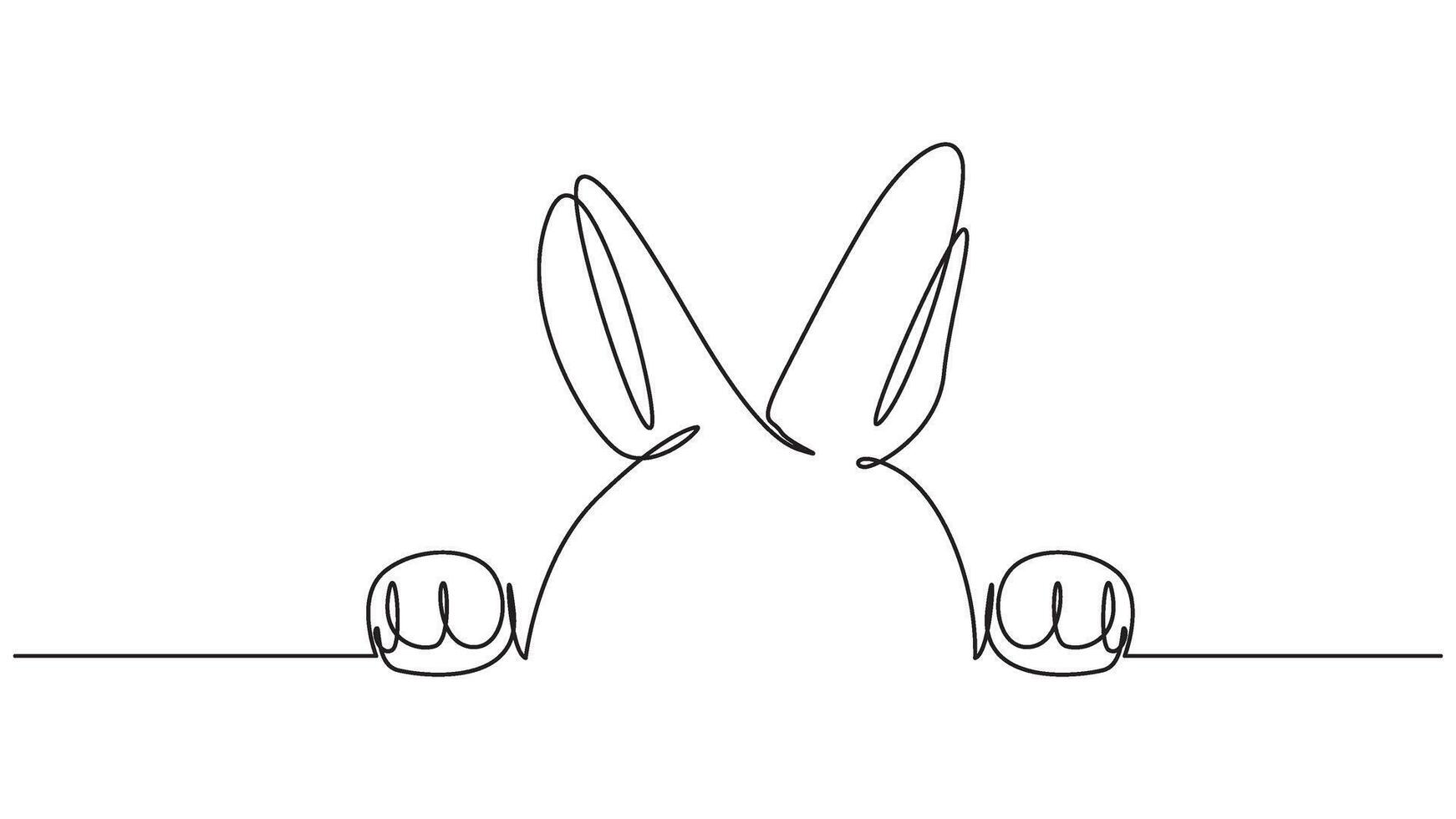 Minimalist one line drawing of bunny ears and paws over a surface vector