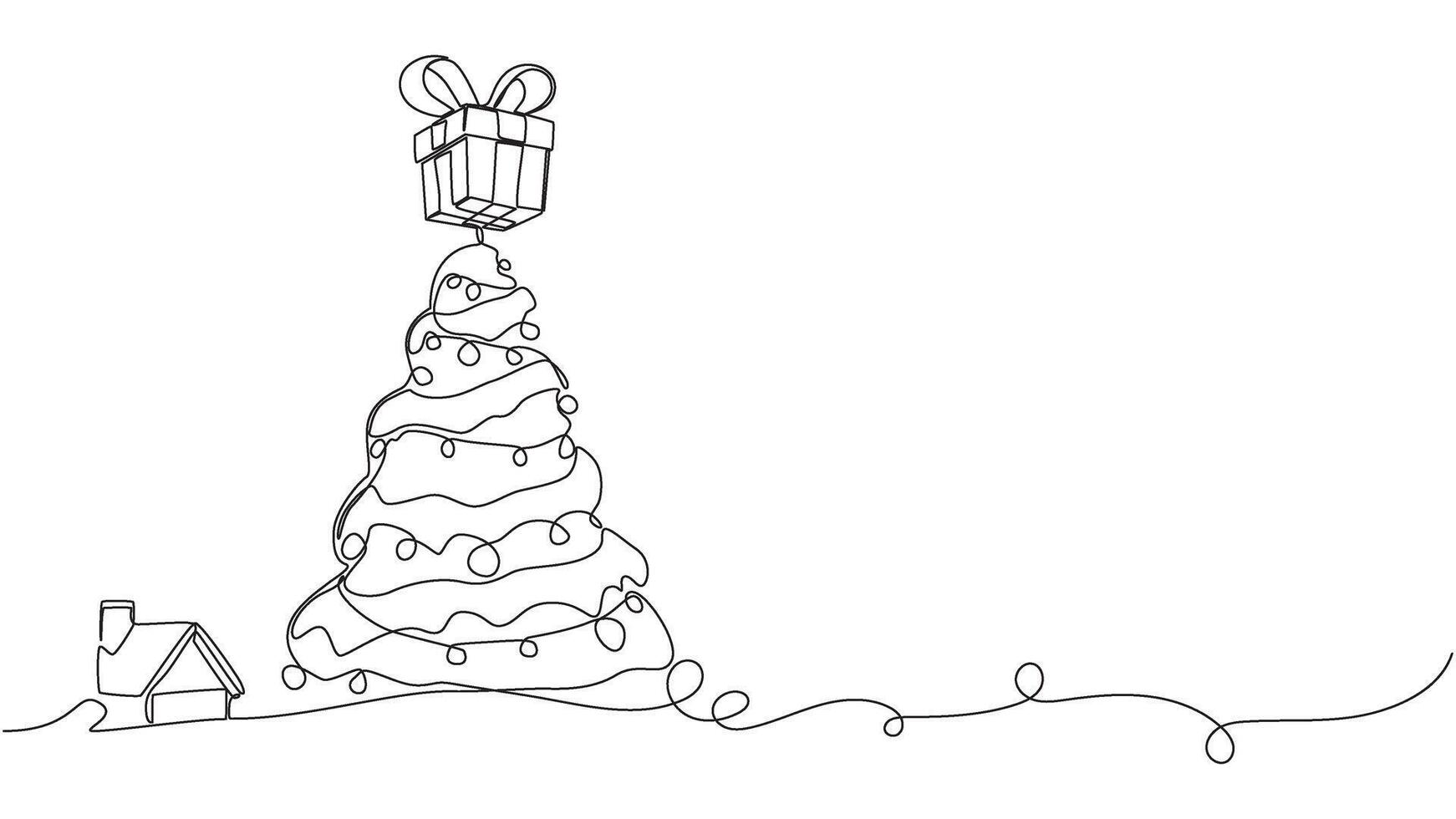 Minimalist christmas tree and house line drawing for holiday celebration vector