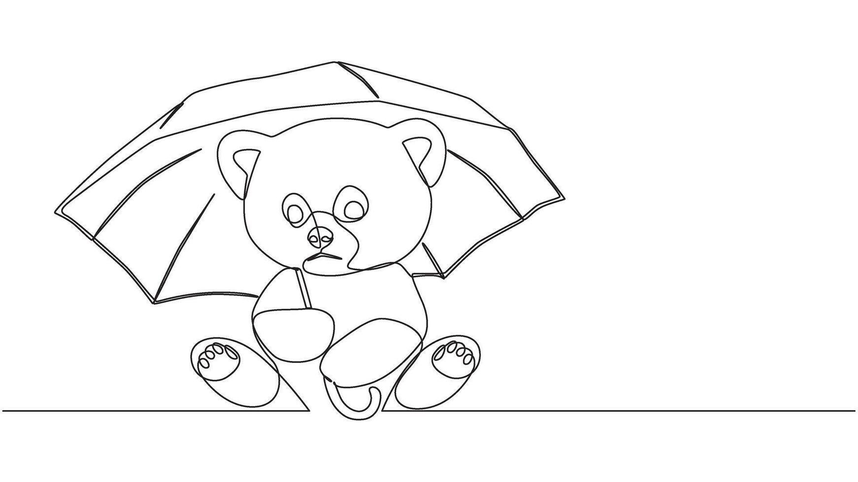 A cute bear cub sitting under an umbrella in the rain line art style vector