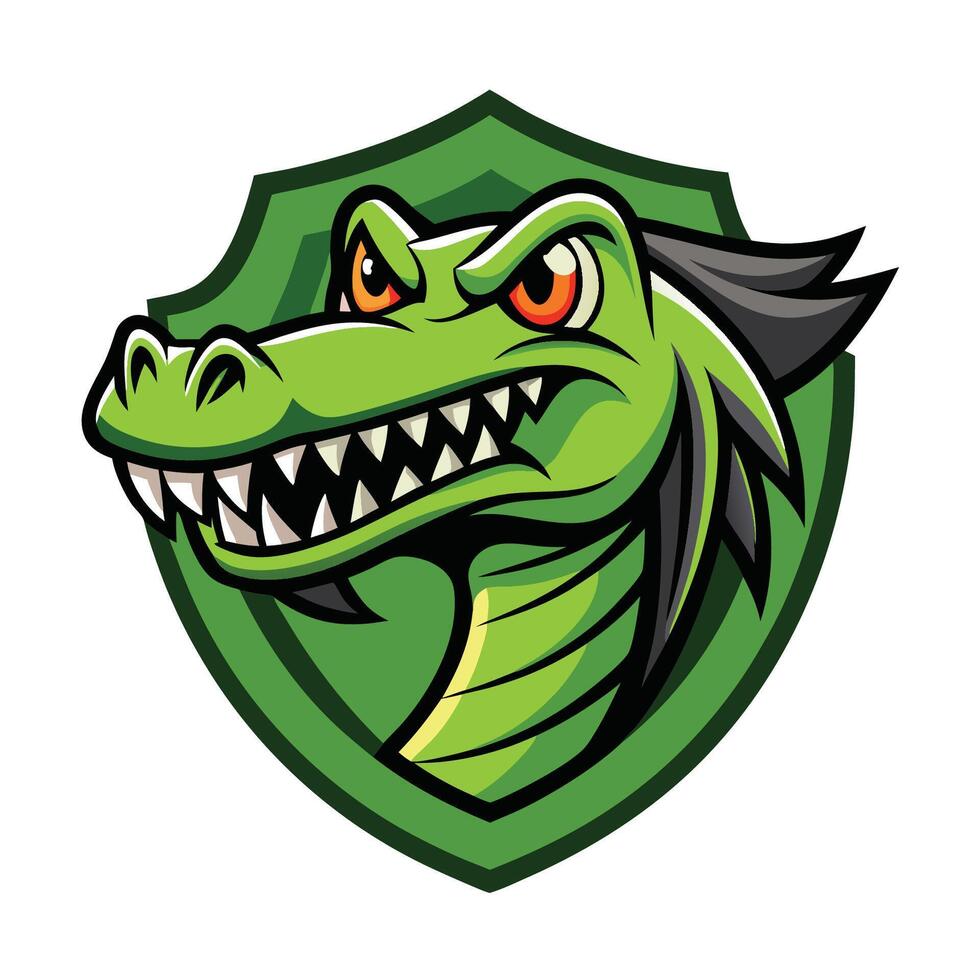 A green and black dragon mascot head on a shield vector