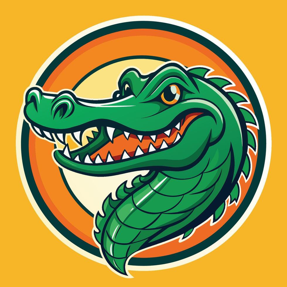 An alligator head in a circle on a yellow background vector