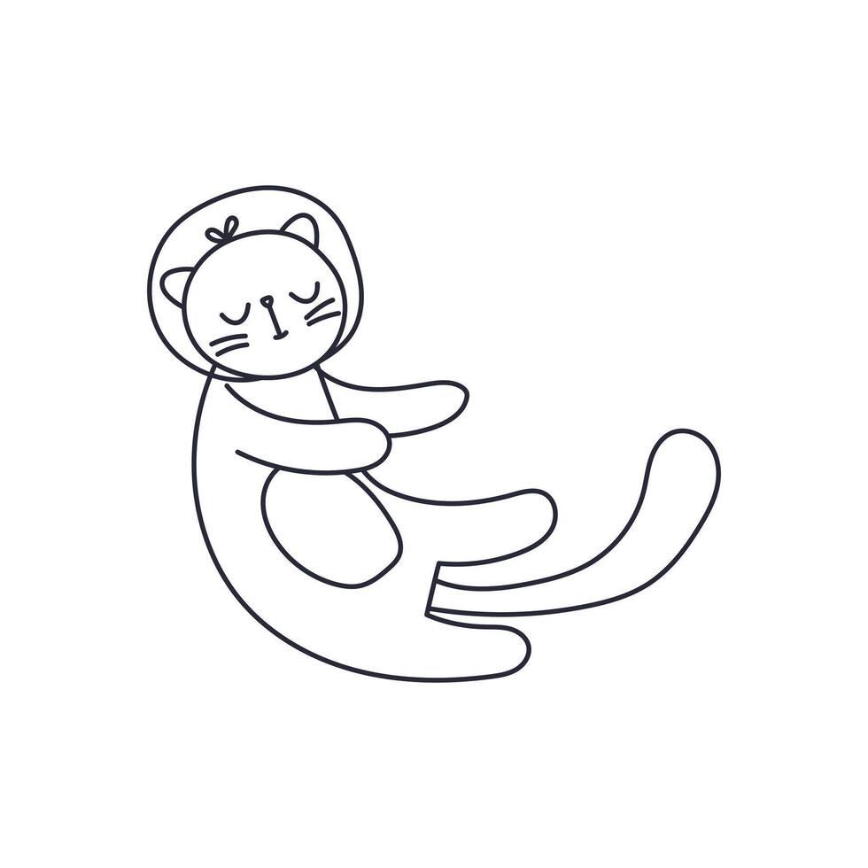 The cat is floating in space. Black and white illustration on an isolated background. vector