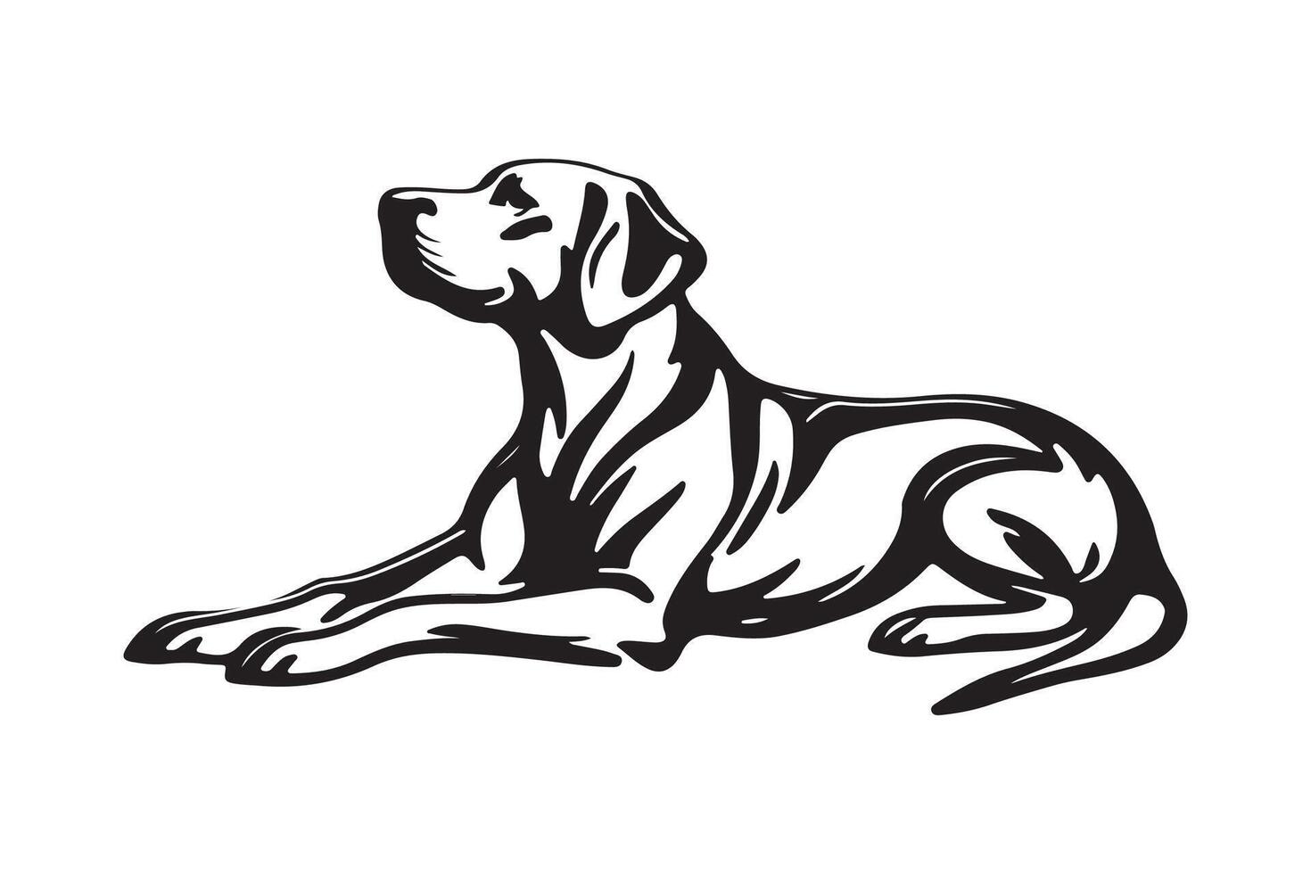 A dog is sitting on the ground in a black and white drawing vector