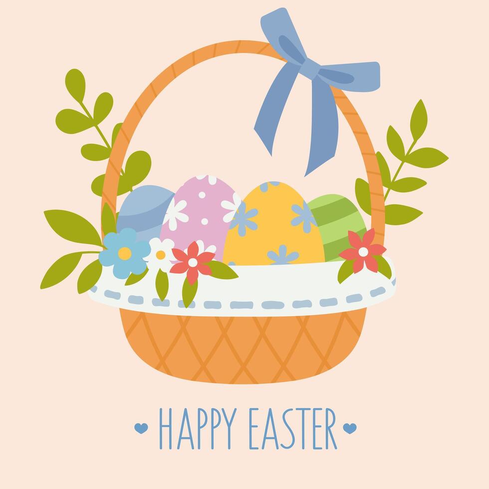 Happy Easter greeting card with wicker basket full of painted eggs and spring flowers with blue bow vector