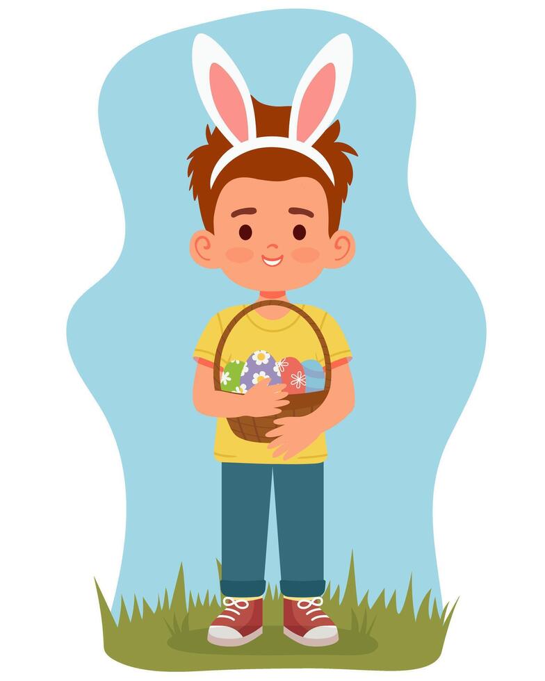 Cute boy with an Easter basket full of colored eggs and bunny ears vector