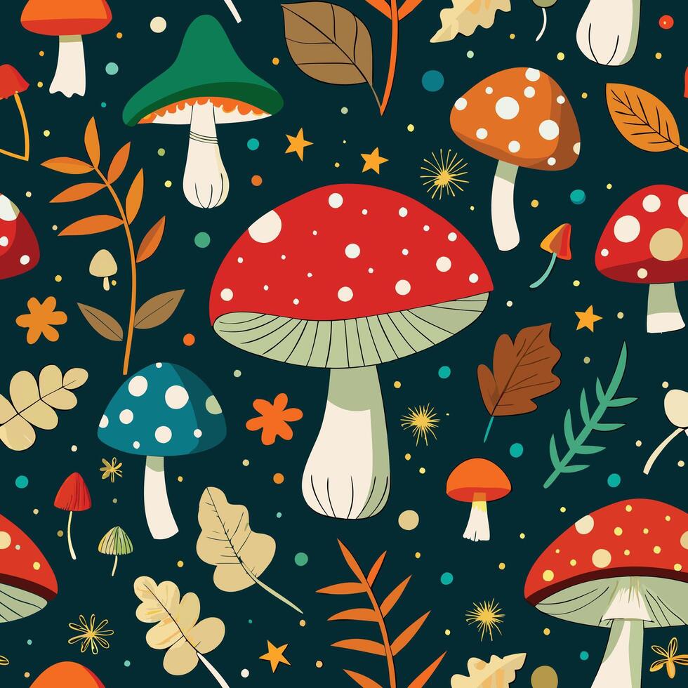 autumn seamless pattern with mushrooms and leaves vector