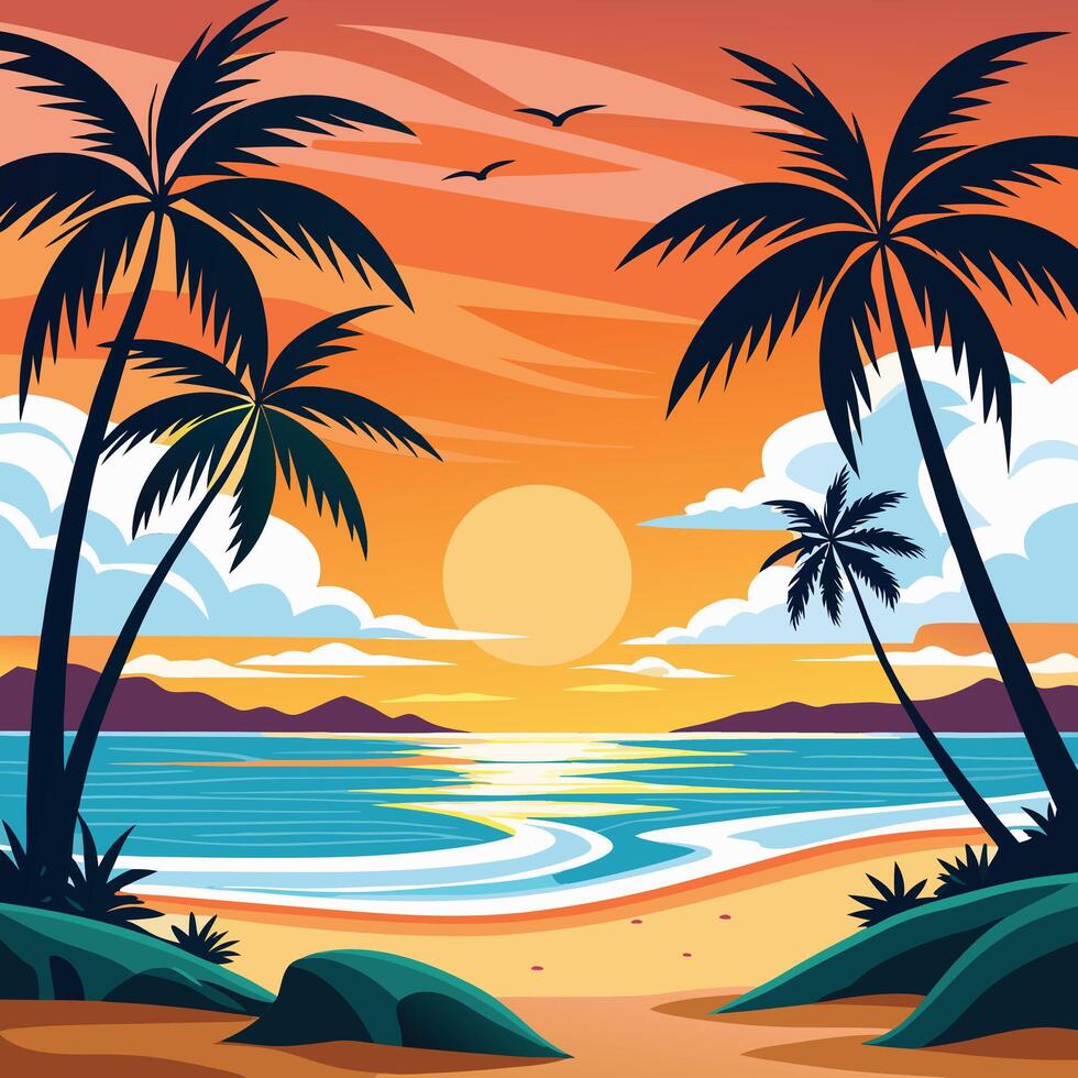 tropical beach with palm trees and sunset vector