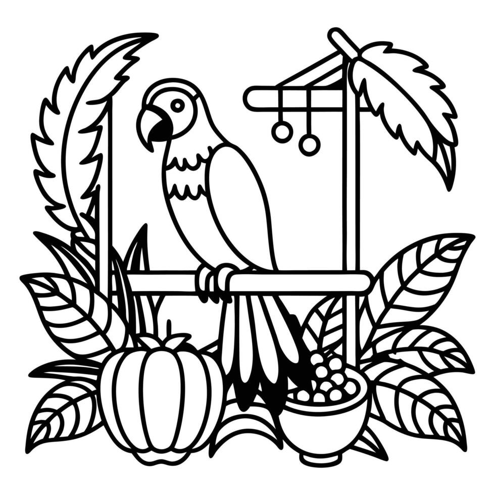 coloring page with parrot and plants vector