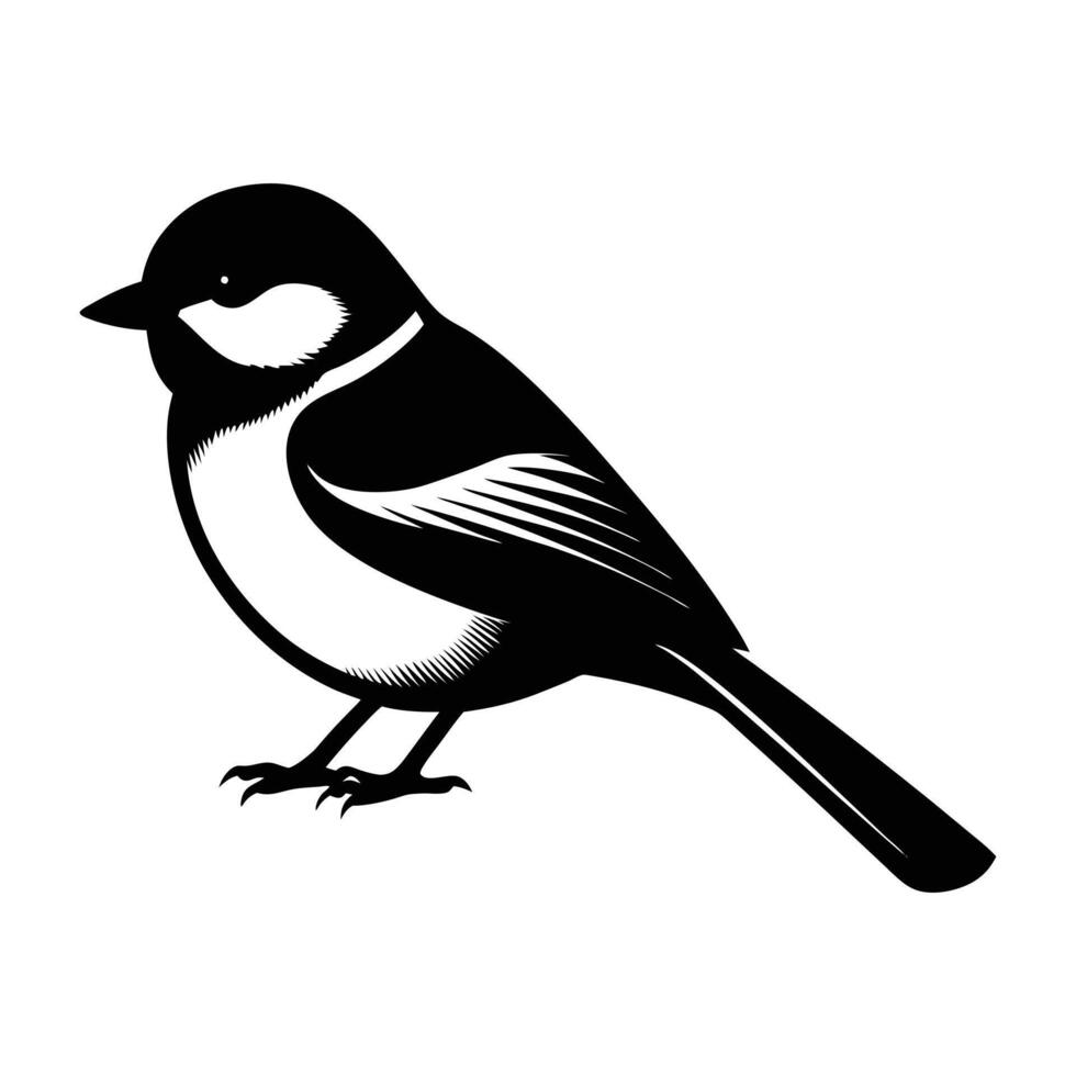 a black and white illustration of a chickadee bird. vector