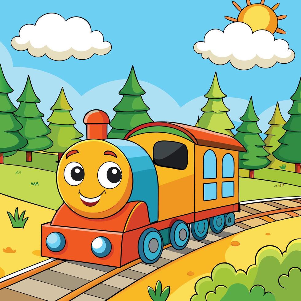 happy cartoon train in the forest vector