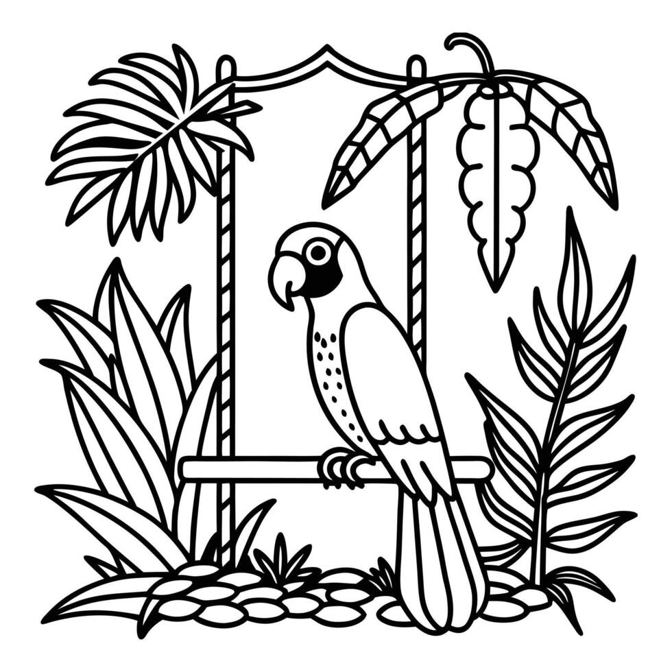 a macaw perched on a wooden swing in a vibrant. vector