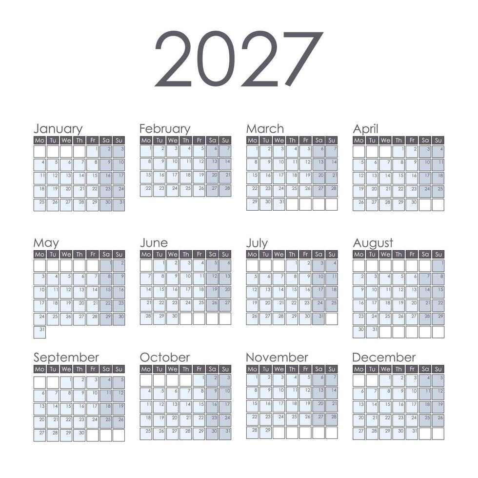 Calendar 2027 square. Week starts on Monday. Graphic design. vector