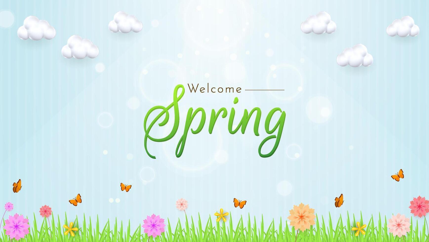 Welcome Spring with Vibrant Flowers, Butterflies, and a Bright Sky Landscape vector