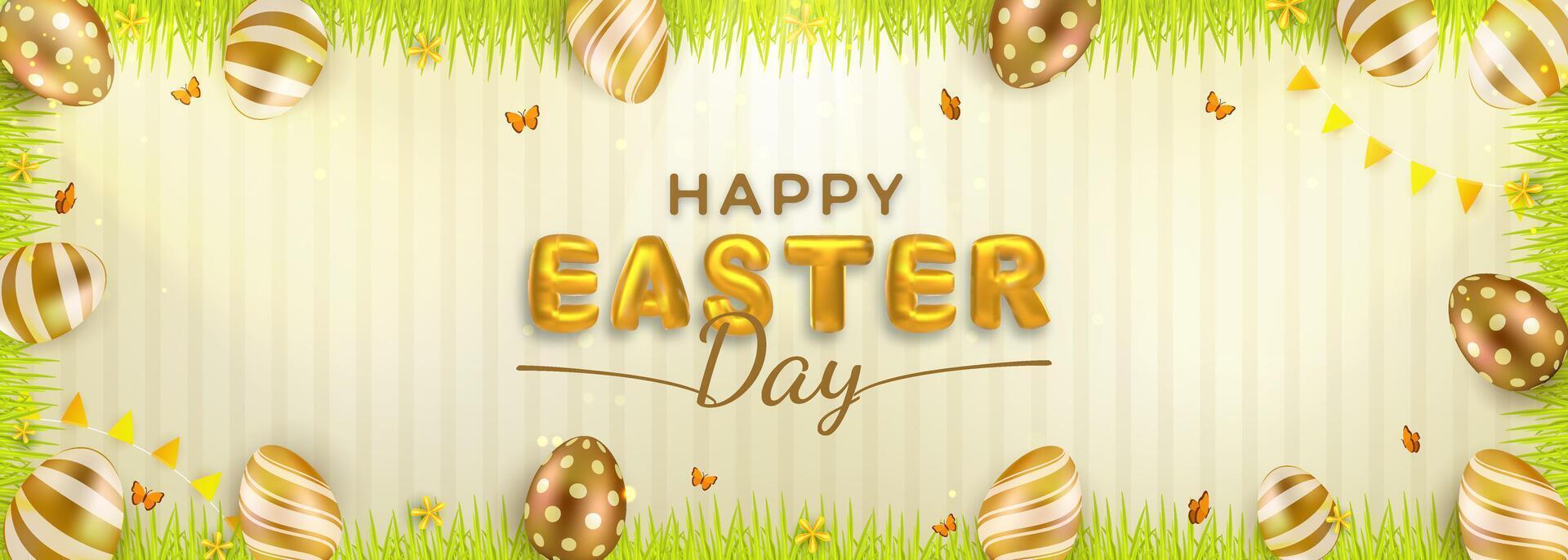 Decorative Happy Easter Banner Featuring Golden Eggs and Green Grass vector