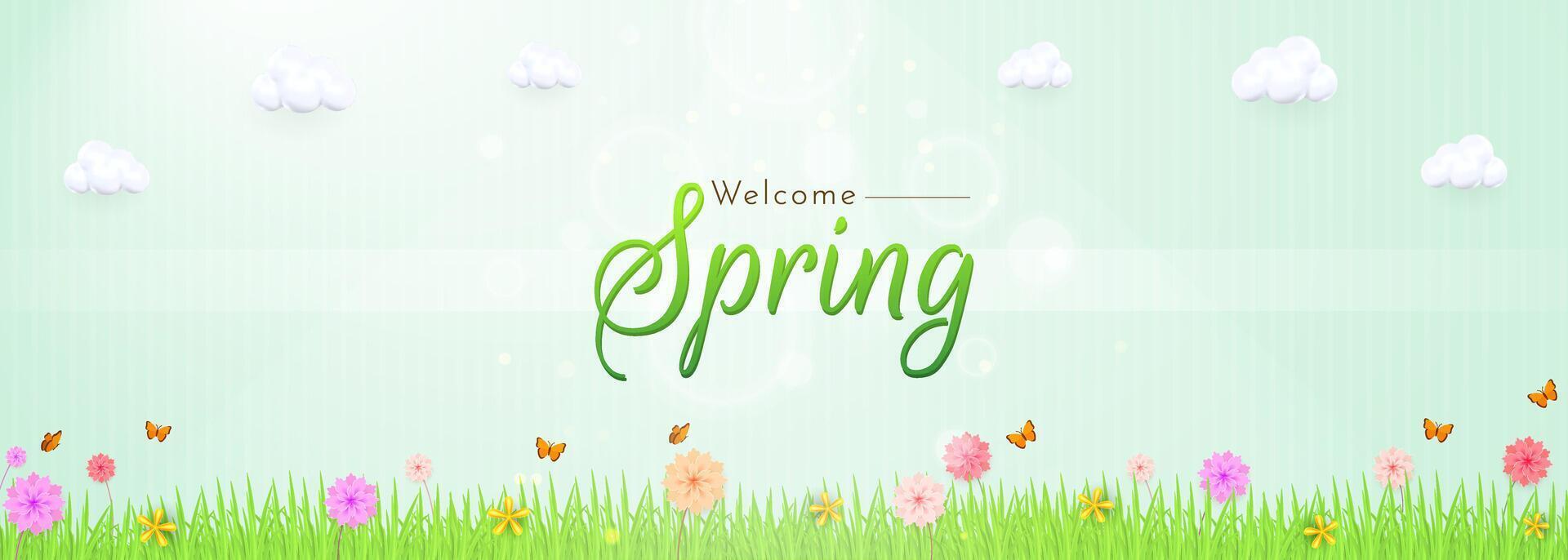 Welcome Spring Banner with Butterflies, Flowers, and Green Grass Under a Blue Sky vector