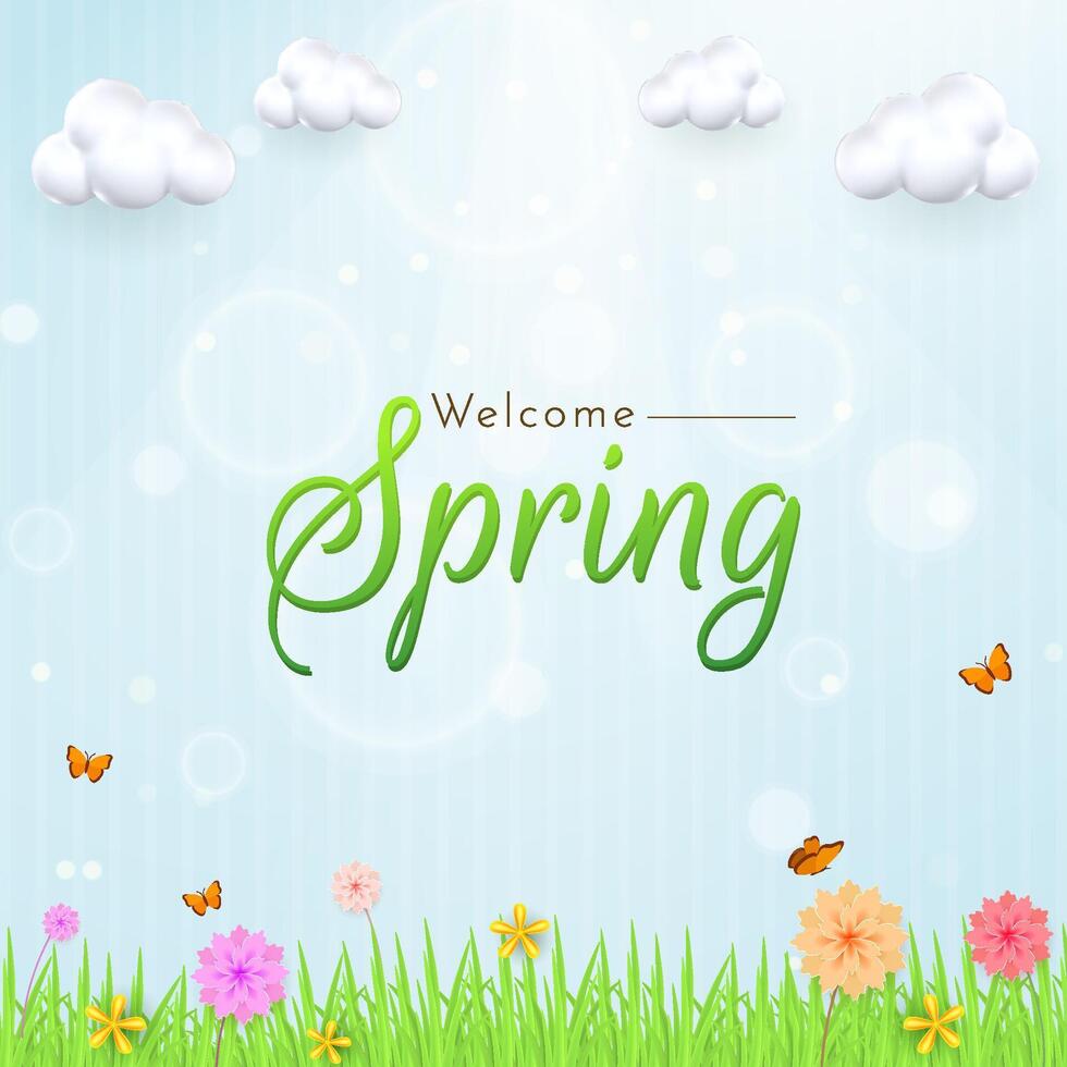 Bright Spring Landscape with Butterflies, Flowers, and Clear Blue Sky vector