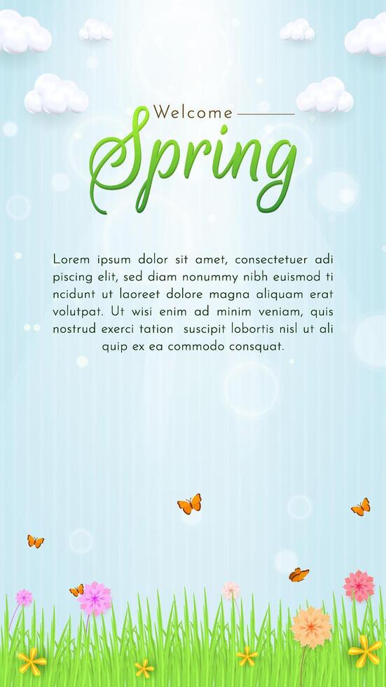 Vertical welcome Spring Postcard Featuring Butterflies, Flowers, Clouds, and Vibrant Green Grass vector
