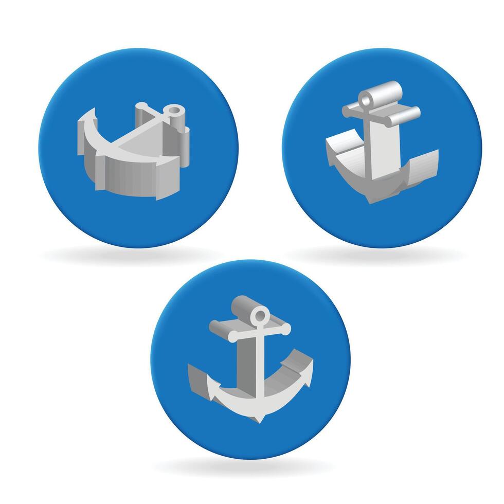 Three different types of anchors and anchors on a blue button vector