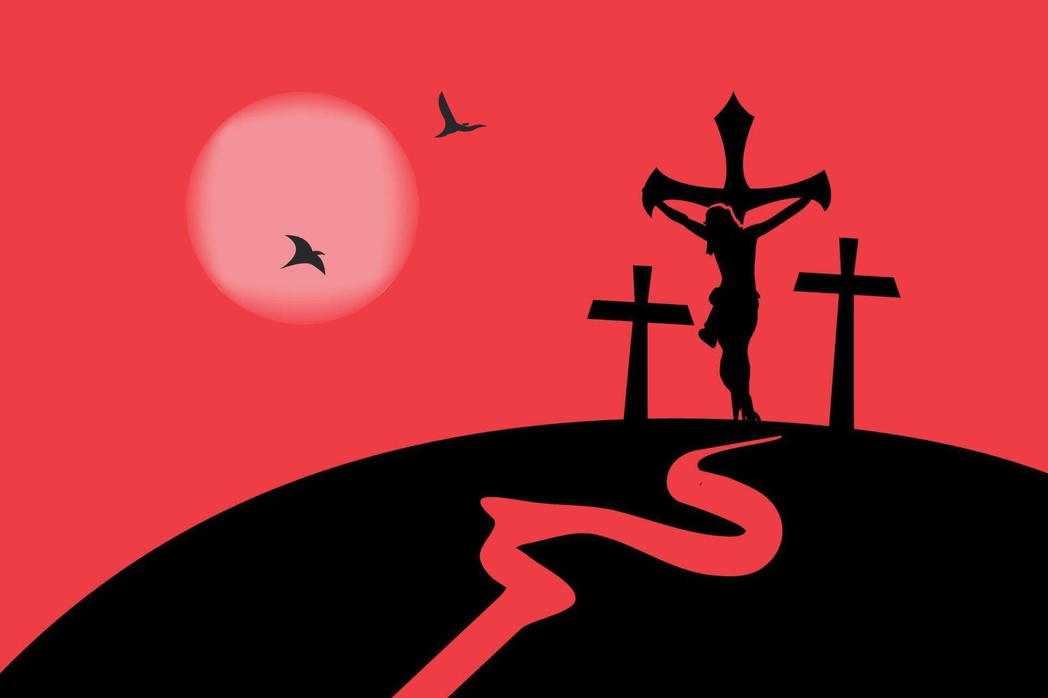 Crucifixion Silhouette Red Sunset, Crosses, Birds, Calvary Path vector