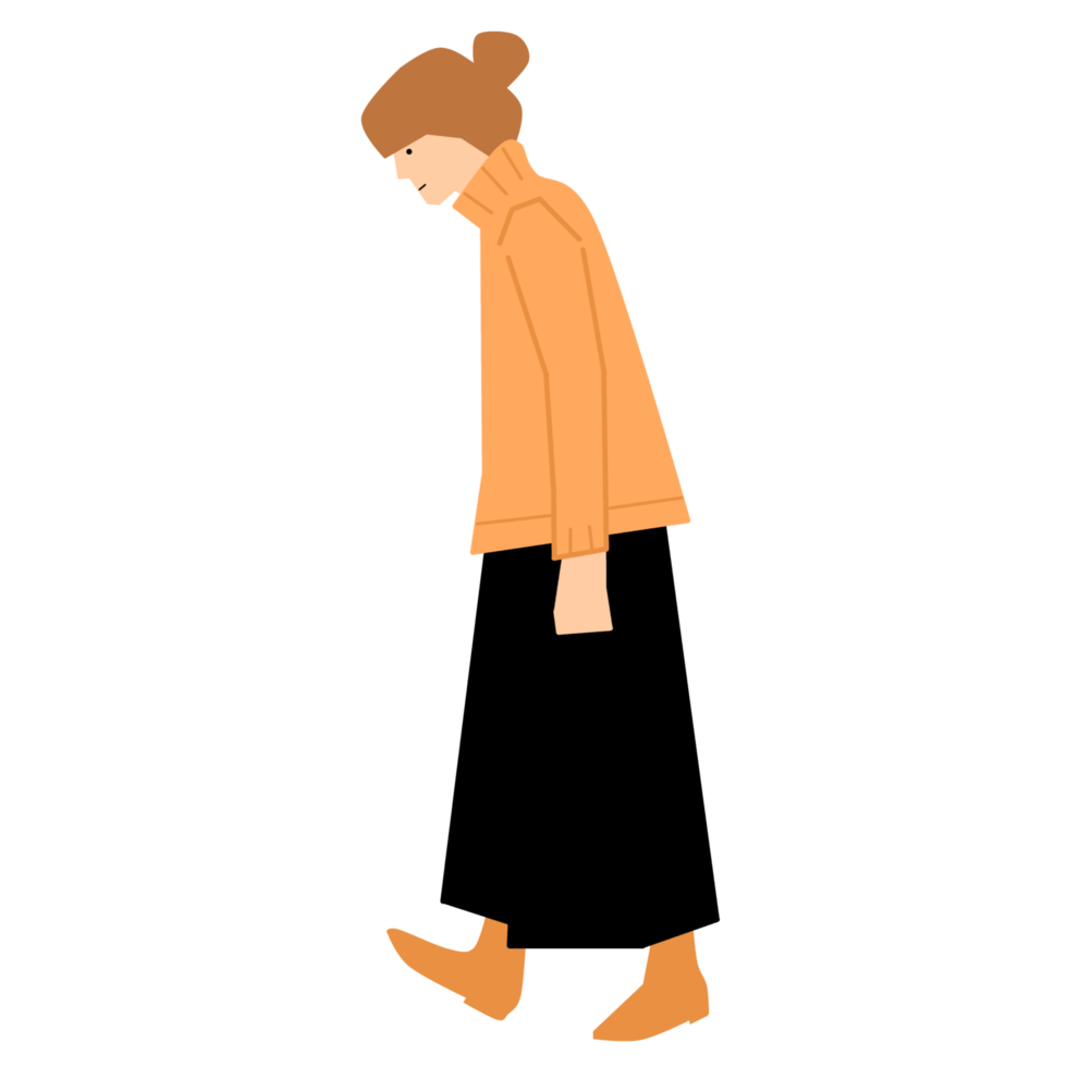 A woman walking in a black and orange jacket png