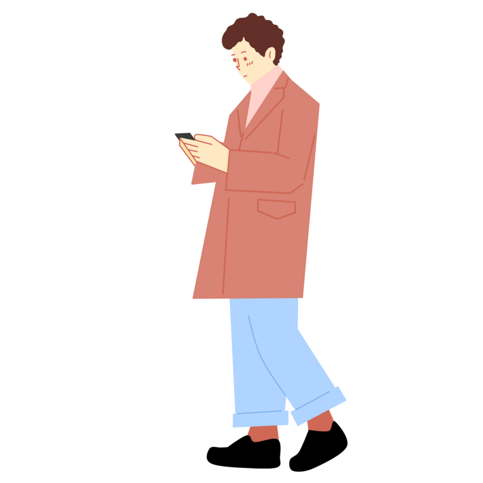A man in a pink coat and blue pants is looking at his phone png