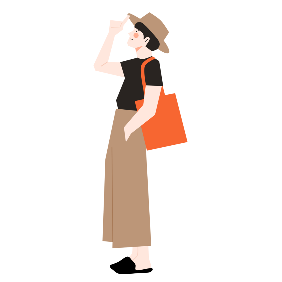 A woman in a hat and a bag png