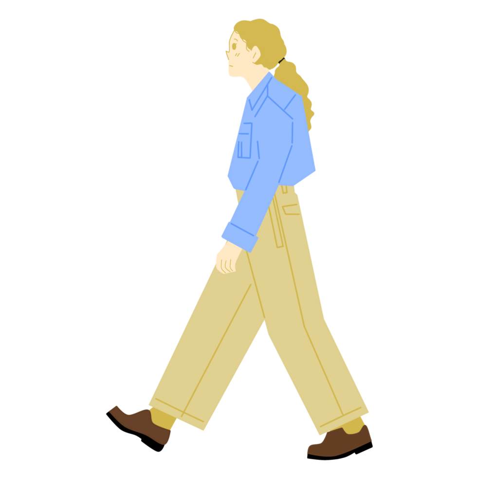 A woman walking in a blue shirt and tan pants png
