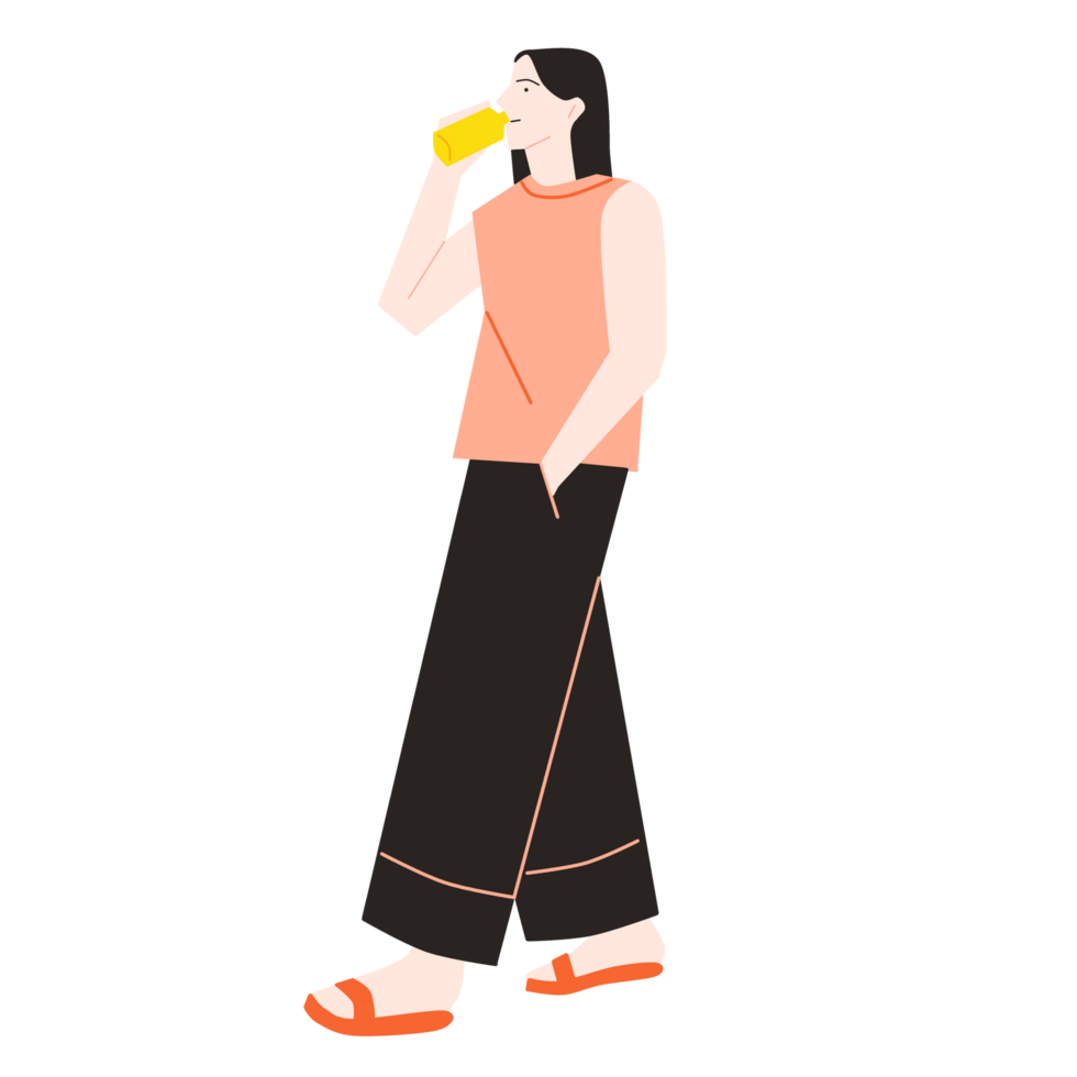 A woman drinking a drink while standing png