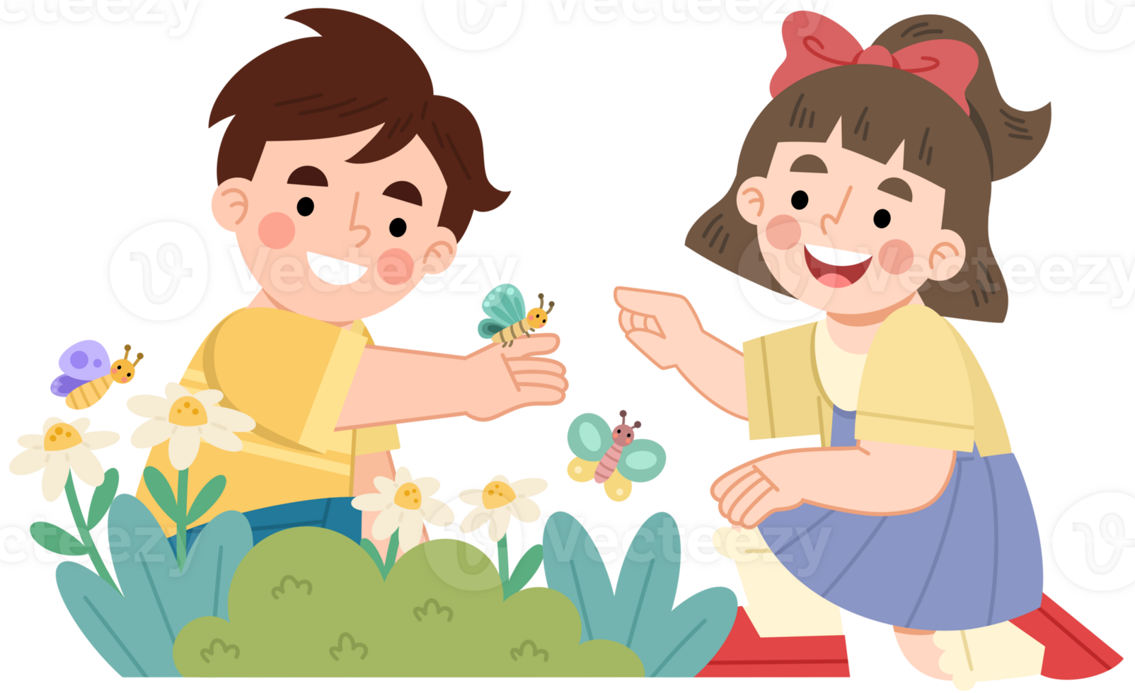 Illustration of Children Playing with Butterflies in a Garden png