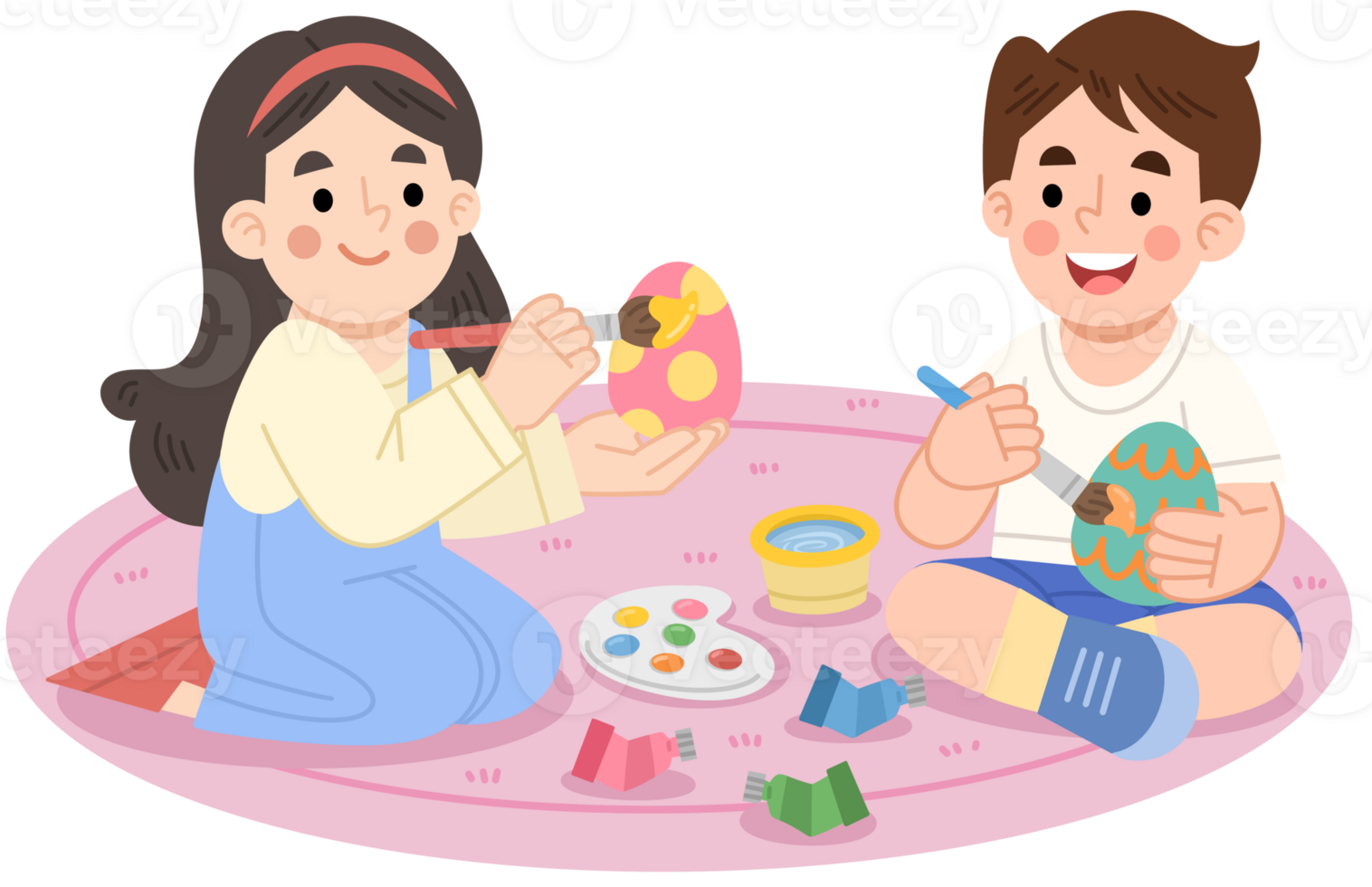 Illustration of Children Painting Easter Eggs png